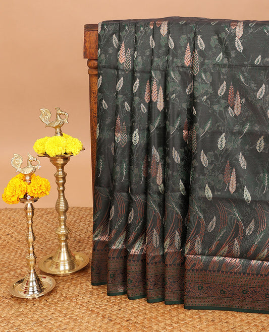 Green copper thread leaf design mulberry satin silk saree with zari border & rich pallu along with emboss zari border blouse