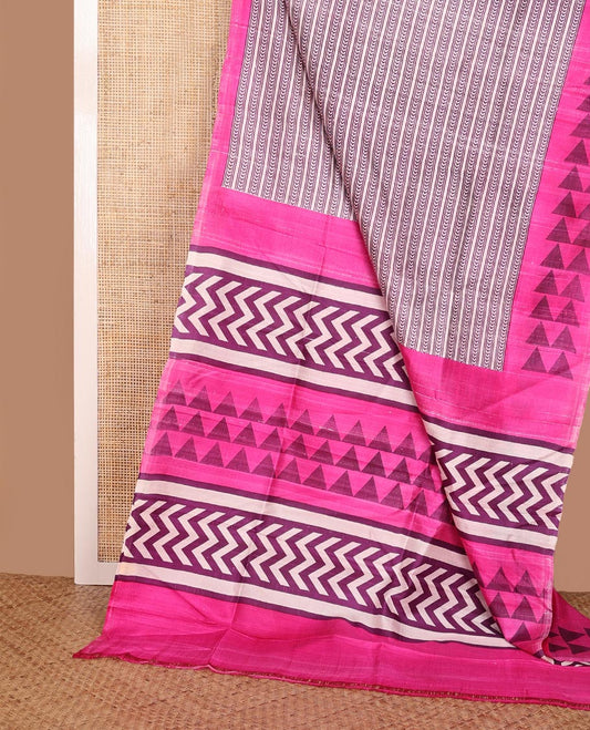 Off-white chevron & stripes printed silk saree, contrast triangle motifs printed pink border & pallu of chevron & triangle motifs print