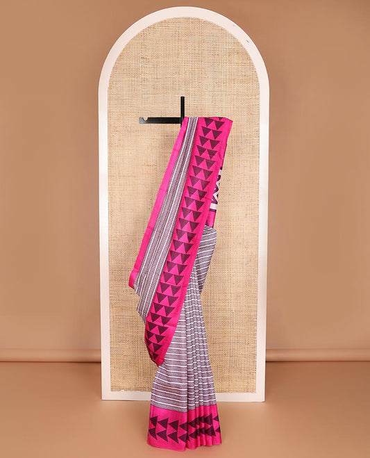 Off-white chevron & stripes printed silk saree, contrast triangle motifs printed pink border & pallu of chevron & triangle motifs print