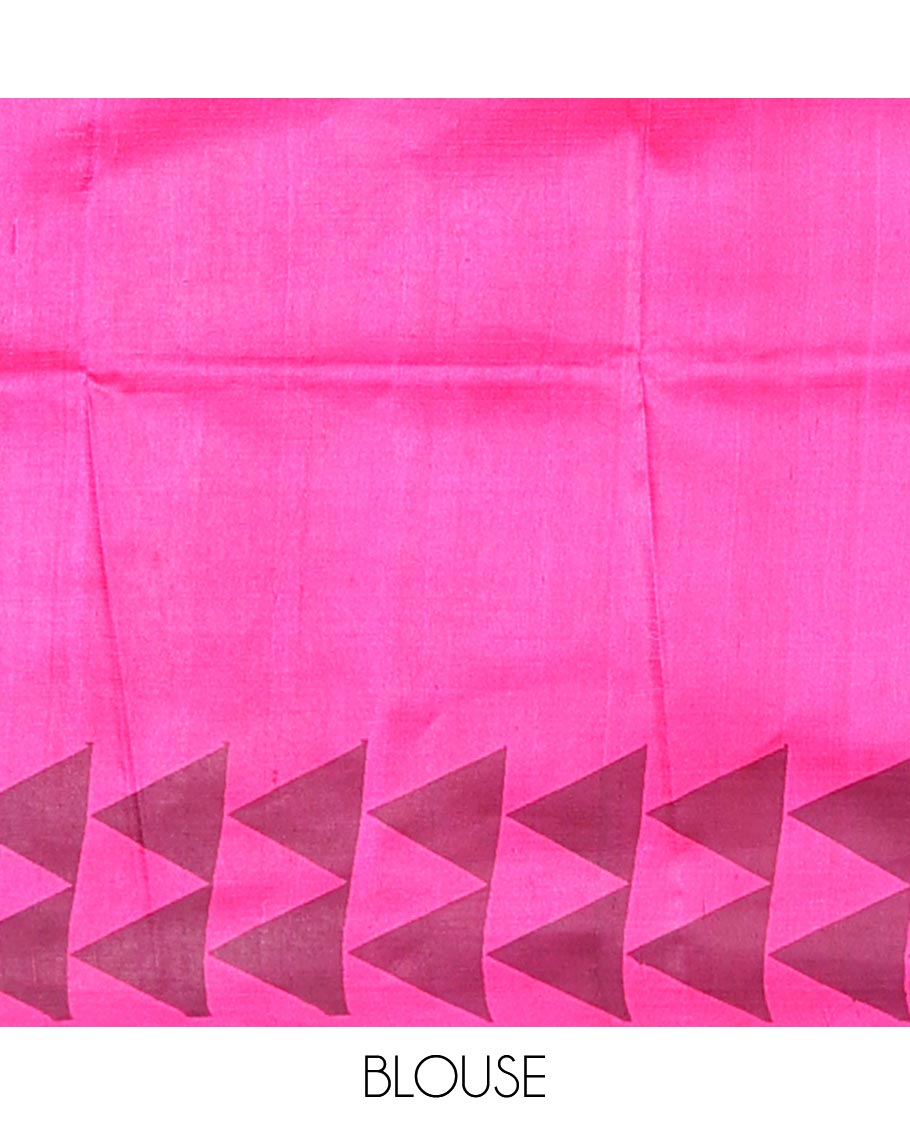 Off-white chevron & stripes printed silk saree, contrast triangle motifs printed pink border & pallu of chevron & triangle motifs print
