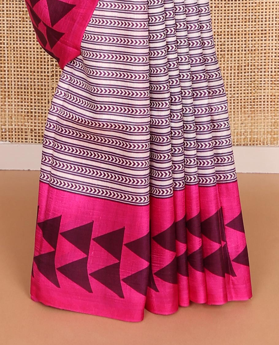 Off-white chevron & stripes printed silk saree, contrast triangle motifs printed pink border & pallu of chevron & triangle motifs print