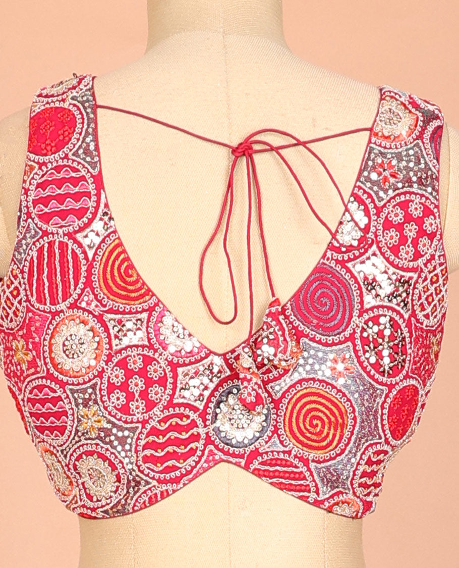 Red circle motifs intricately thread & sequins embroidered leaf-neck sleeveless readymade blouse