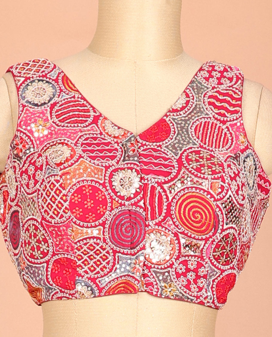 Red circle motifs intricately thread & sequins embroidered leaf-neck sleeveless readymade blouse