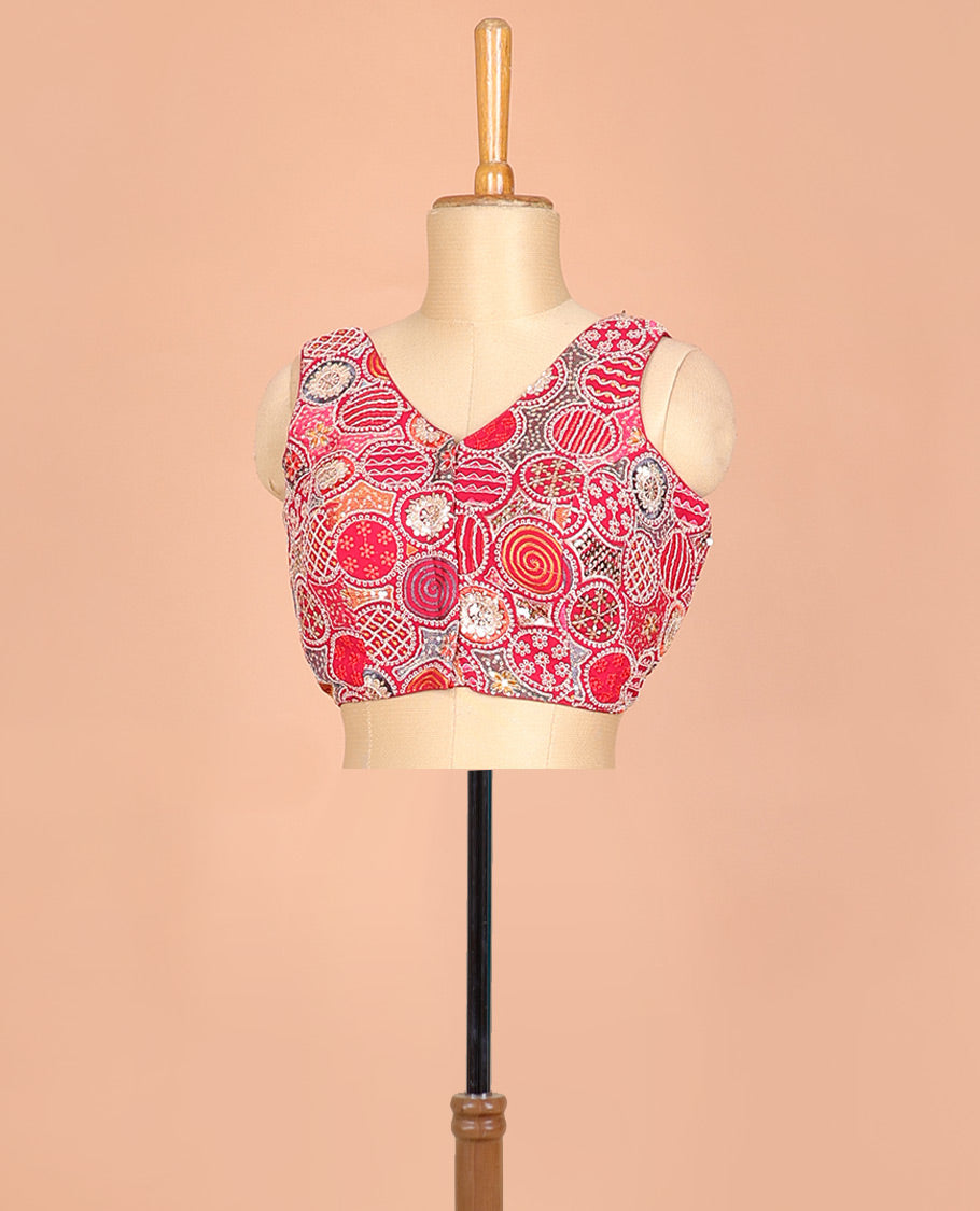 Red circle motifs intricately thread & sequins embroidered leaf-neck sleeveless readymade blouse