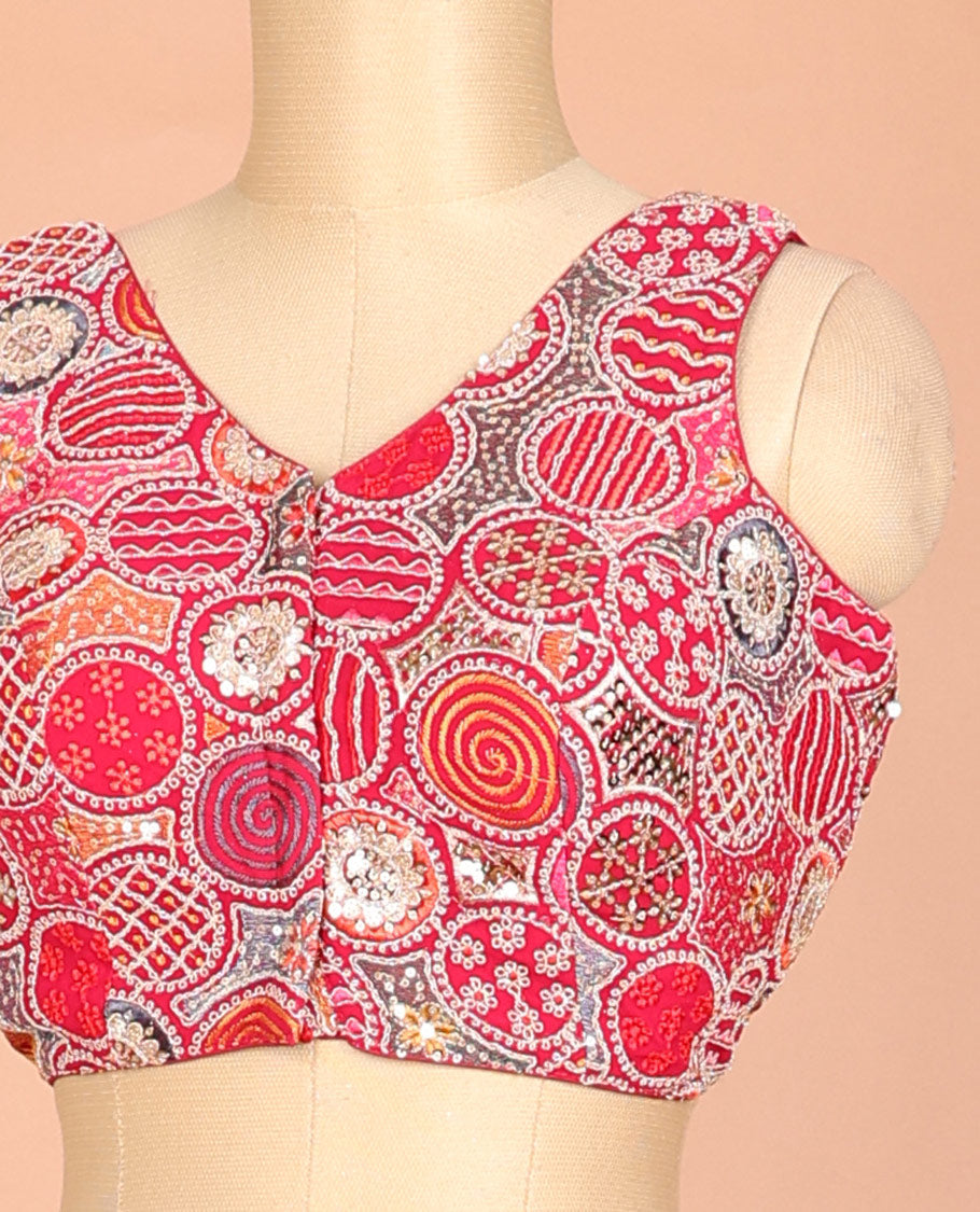Red circle motifs intricately thread & sequins embroidered leaf-neck sleeveless readymade blouse