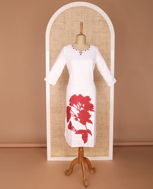 White floral printed round neck , 3/4 th sleeve , below knee lenght kurti with straight pants & floral printed dupatta