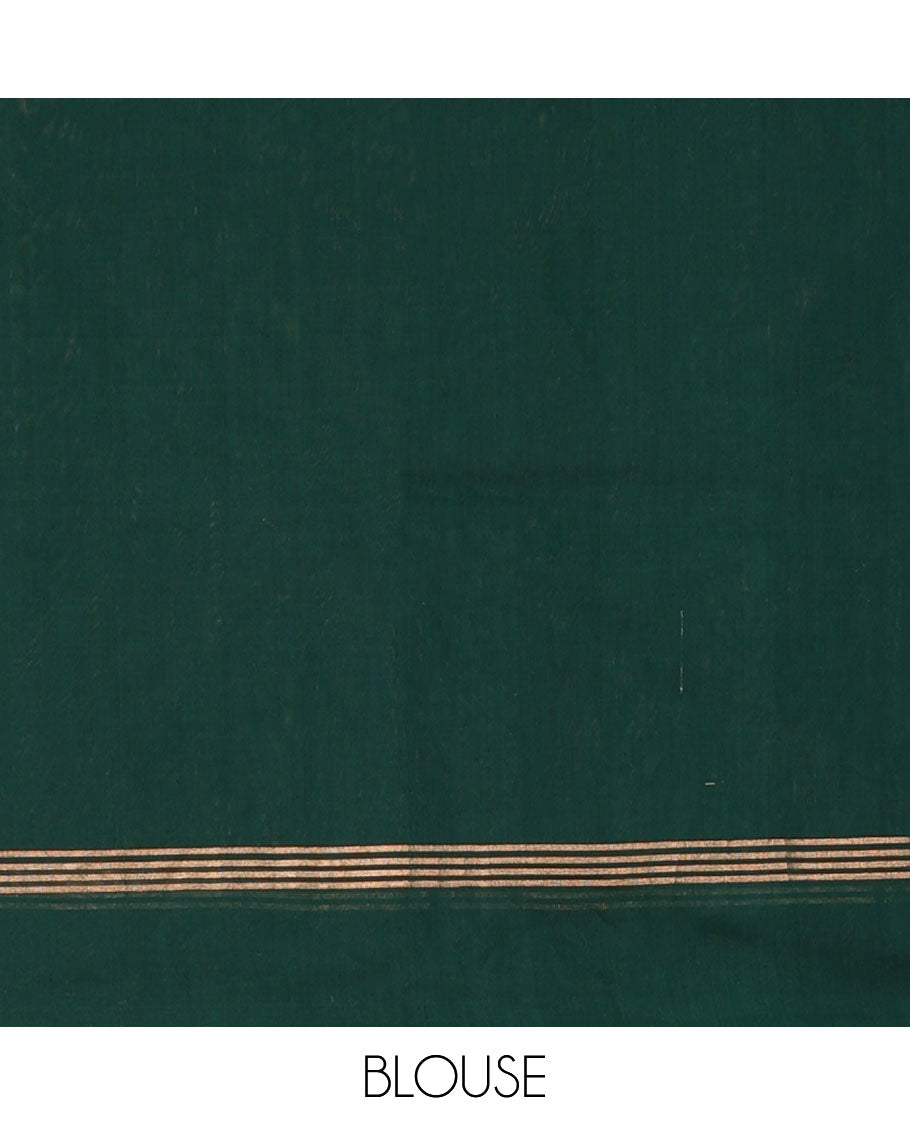 Green zari buttas silk cotton saree, zari striped border, and pallu of zari-rich geometric patterns