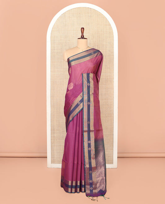 Wine Silk Cotton Saree, Adorned with Zari Buttas All Over Its Body, Complemented by Contrast Zari Border, Grandly Decked Up Pallu and Paired with a Contrast Blouse