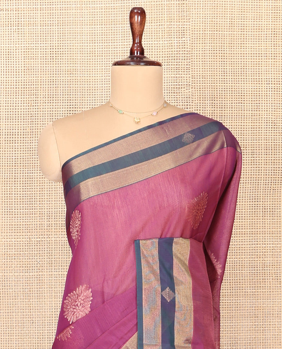 Wine Silk Cotton Saree, Adorned with Zari Buttas All Over Its Body, Complemented by Contrast Zari Border, Grandly Decked Up Pallu and Paired with a Contrast Blouse