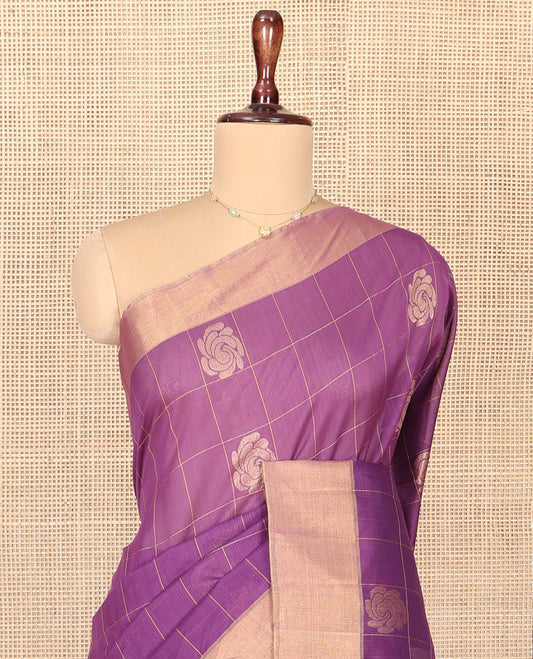 Purple Silk Cotton Saree, Subtly Sparkled With Butta Enclosed Checks On Its Body, Subtle Zari Border, Jaal Pallu and Paired with a Matching Blouse