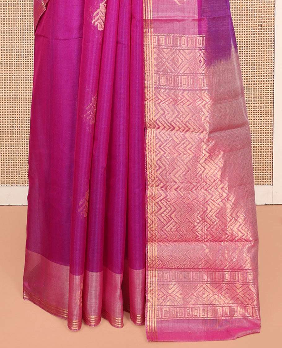 Pink Silk Cotton Saree, Adorned with Zari Buttas, One-Sided Contrast Border, Geometric Pallu, and a Contrast Blouse