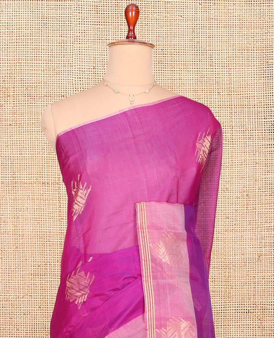 Pink Silk Cotton Saree, Adorned with Zari Buttas, One-Sided Contrast Border, Geometric Pallu, and a Contrast Blouse