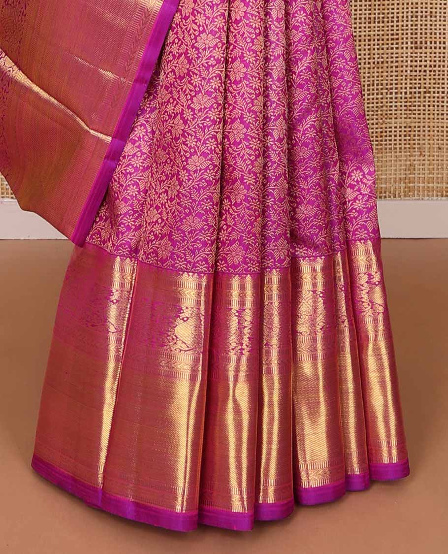 Pink floral jacquard silk saree with self border of kathir, banaras, mayil design & floral design pallu