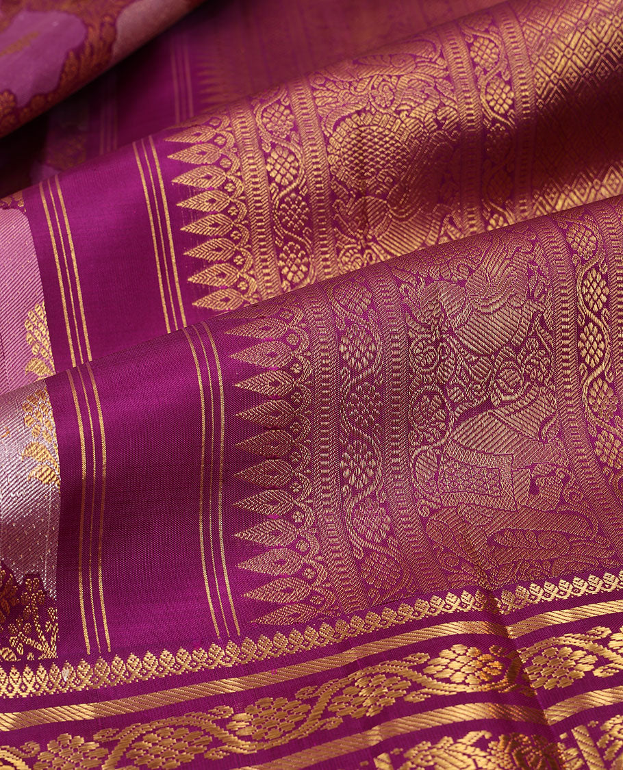 Pink jaal jacquard silk saree, contrast border of thilakam mokku,kodi visiry,banaras,mayil & yaanai & jaal pallu