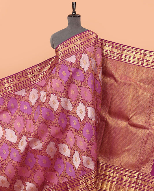 Pink jaal jacquard silk saree, contrast border of thilakam mokku,kodi visiry,banaras,mayil & yaanai & jaal pallu