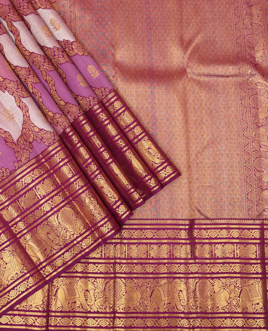 Pink jaal jacquard silk saree, contrast border of thilakam mokku,kodi visiry,banaras,mayil & yaanai & jaal pallu