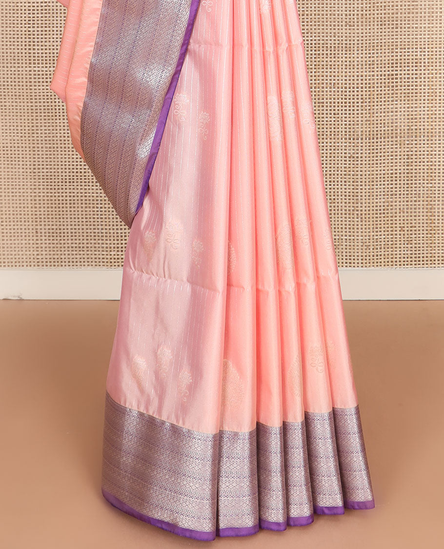 Peach zari design soft silk saree, contrast traditional zari design border, and a zari-rich jaal pallu
