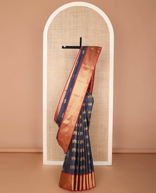 Blue checked, animal motifs soft silk saree with contrast zari design border & argyle design pallu