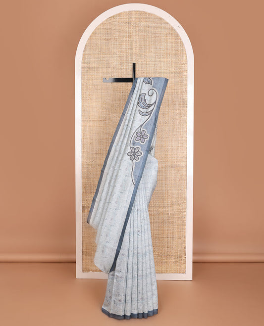Grey crushed-style floral printed & thread kantha embroidery work tissue silk saree, contrast plain border & floral printed pallu
