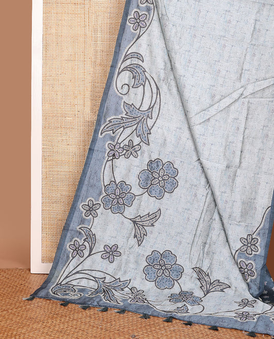Grey crushed-style floral printed & thread kantha embroidery work tissue silk saree, contrast plain border & floral printed pallu