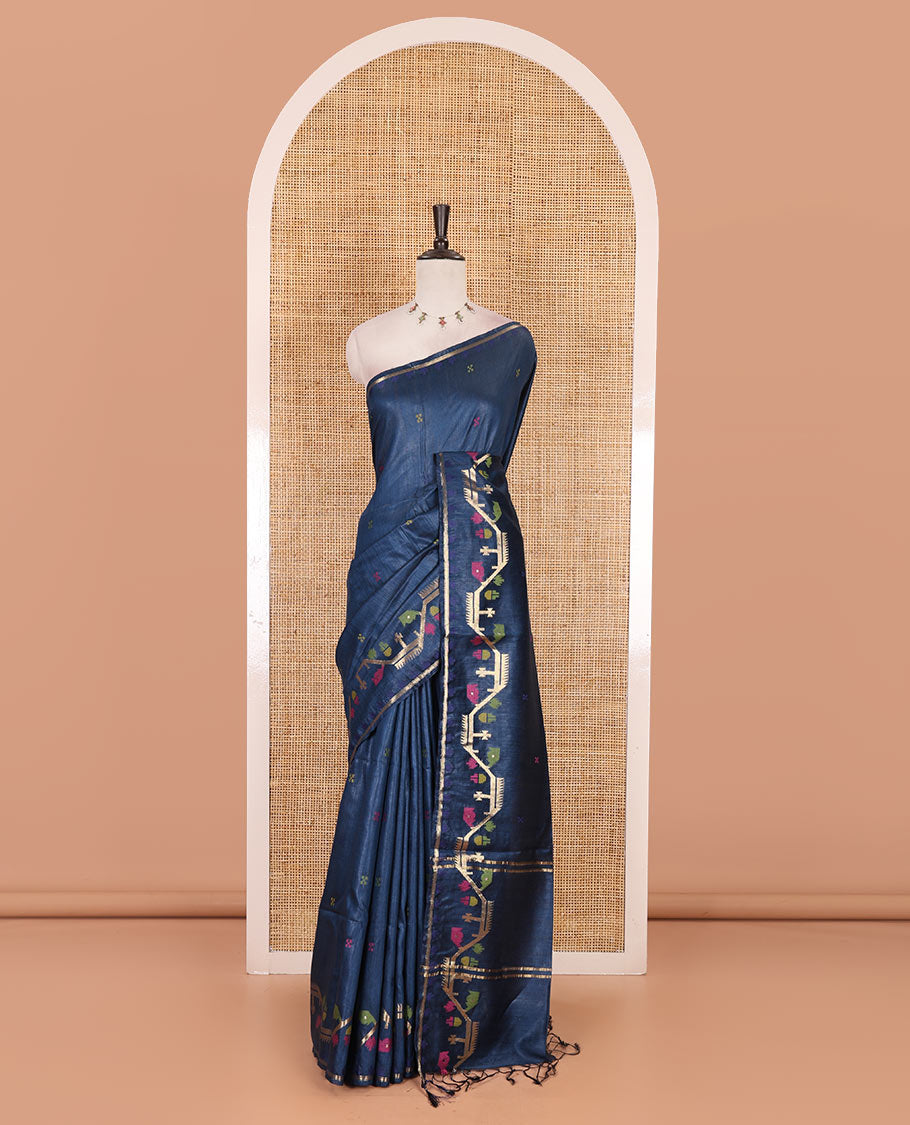 Navy blue multi-color buttas tussar silk saree, jamdani floral creeper border, and pallu of zari design