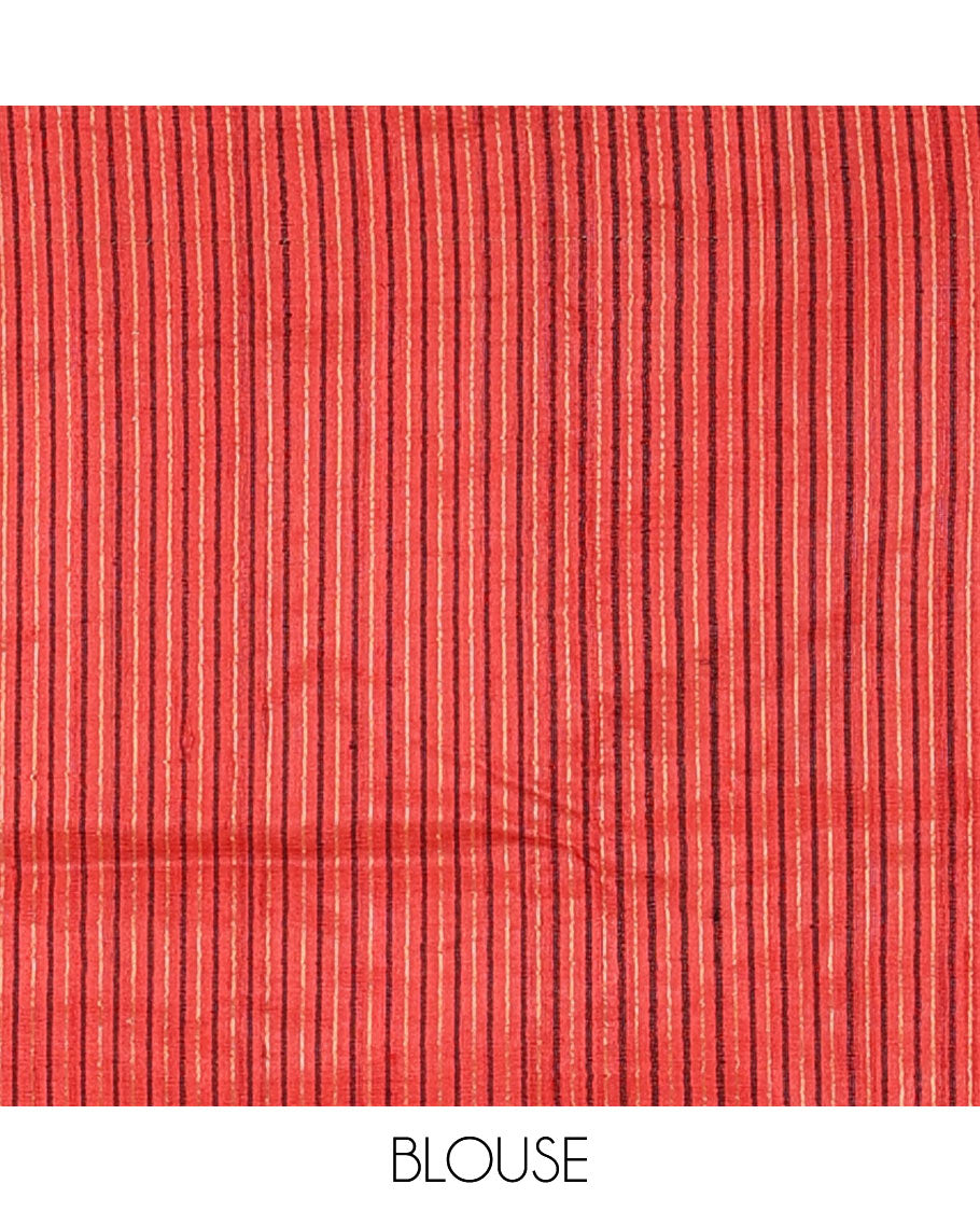Borderless red resham thread woven geometric motifs tussar silk saree with striped pallu