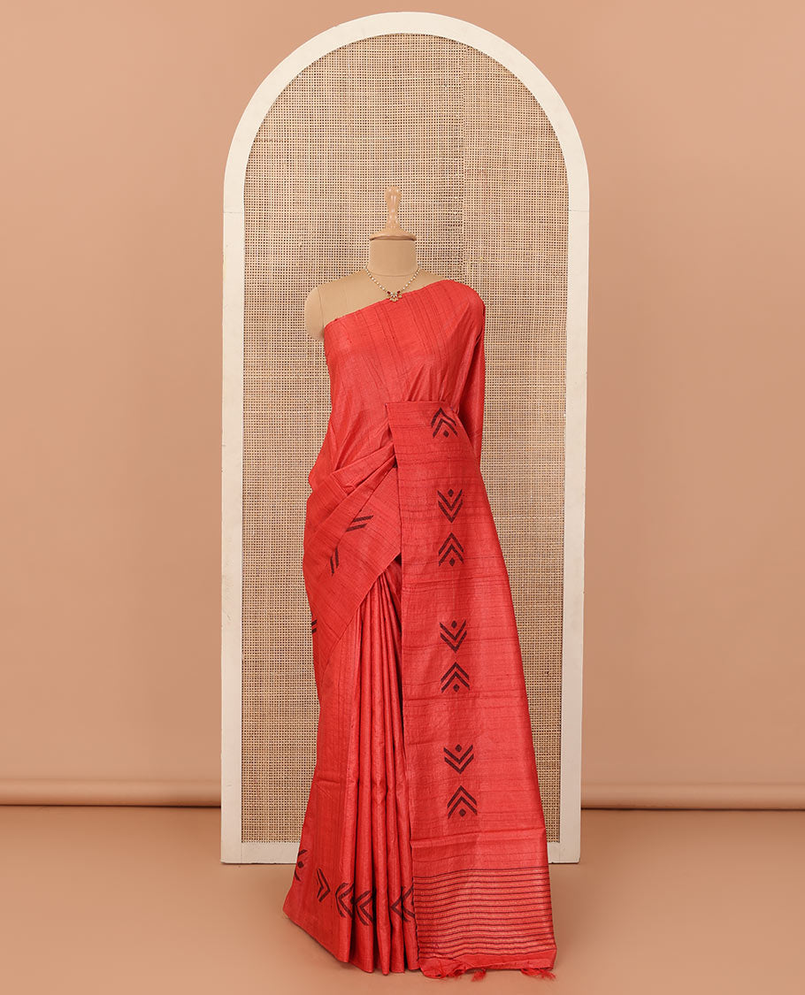 Borderless red resham thread woven geometric motifs tussar silk saree with striped pallu