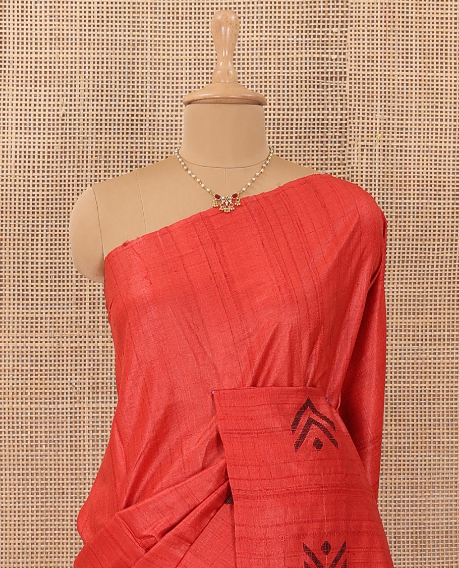 Borderless red resham thread woven geometric motifs tussar silk saree with striped pallu