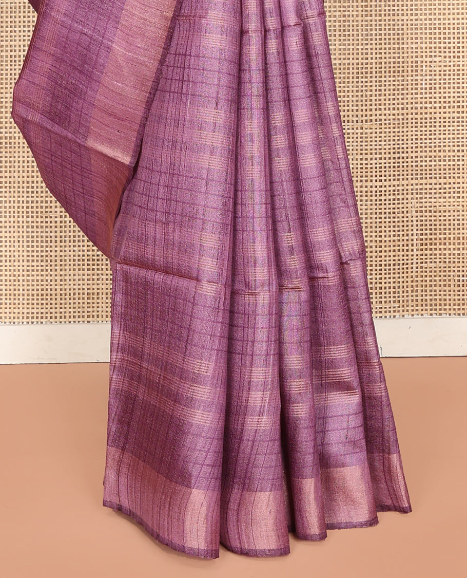 Purple Tussar Saree, Subtly Sparkled with Stripes and Checks, a Subtle Border, Striped Pallu, and a Matching Blouse