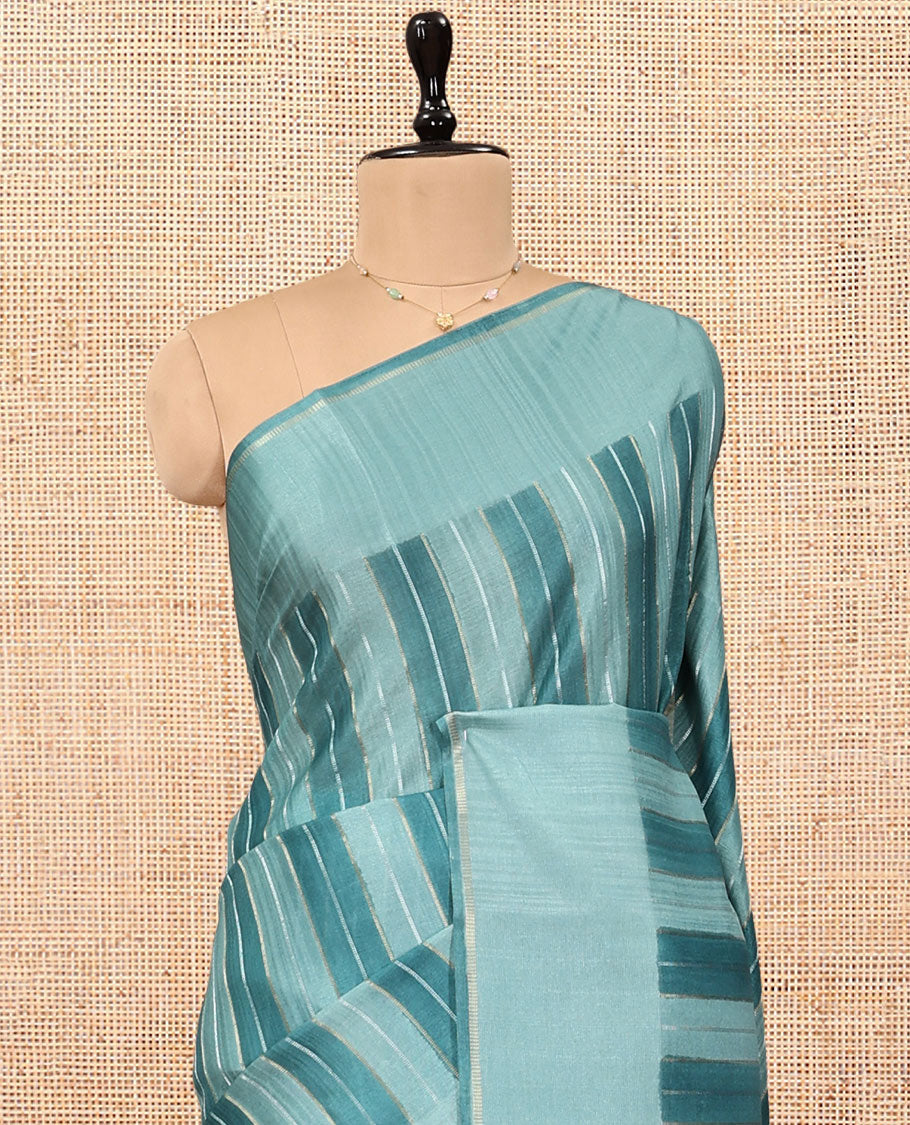 Blue Fancy Tussar Saree, Adorned with Stripes, a Subtle Plain Border, Plain Pallu, and a Matching Blouse