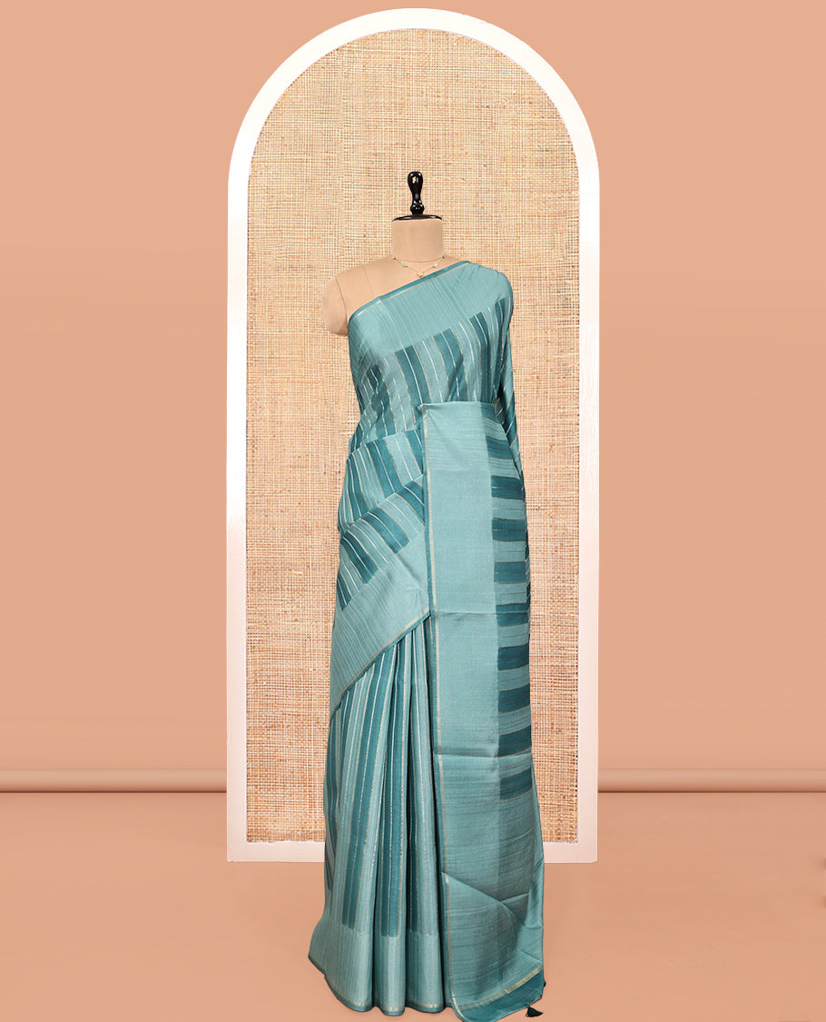 Blue Fancy Tussar Saree, Adorned with Stripes, a Subtle Plain Border, Plain Pallu, and a Matching Blouse