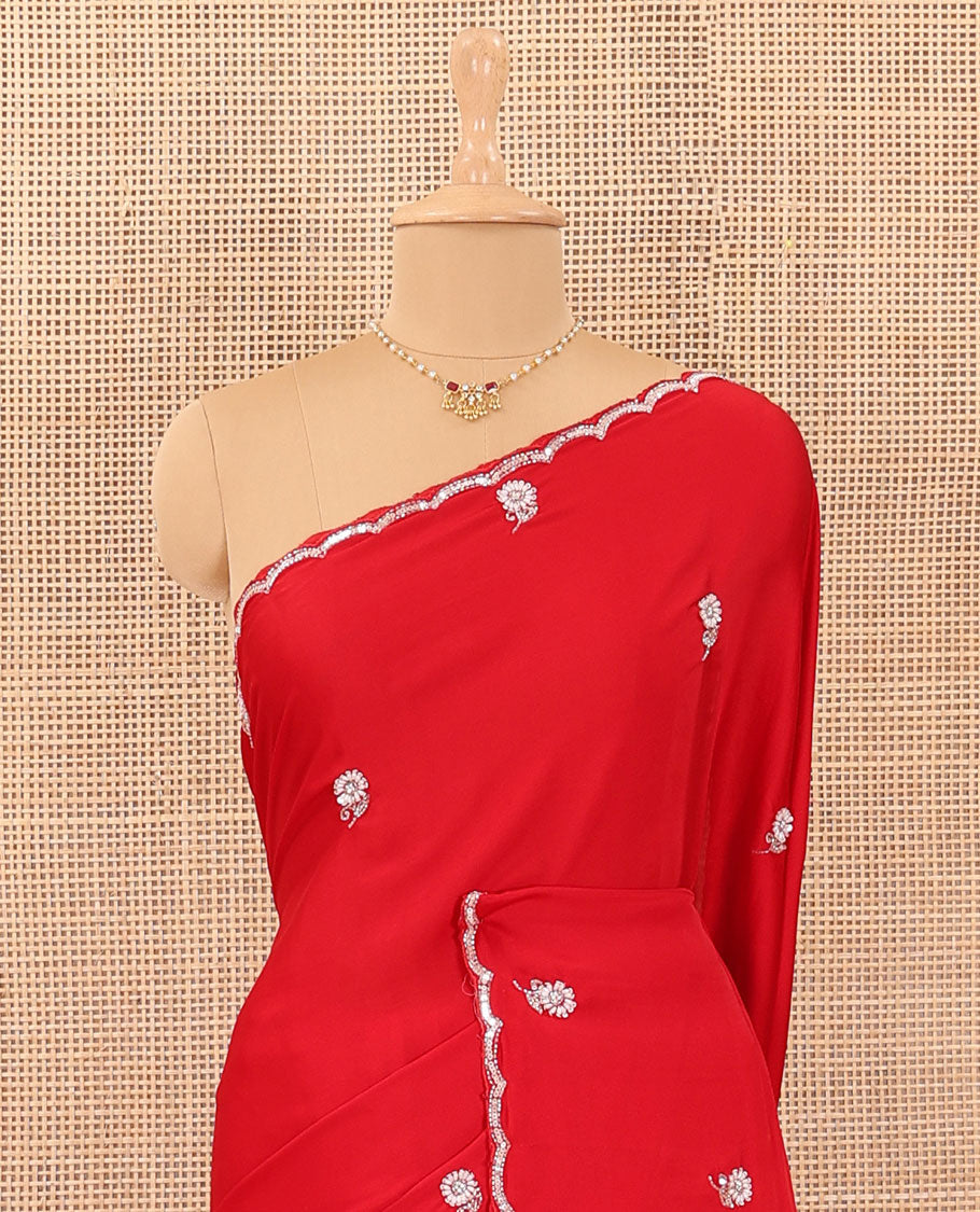 Red flower motifs embroidered designer saree, scallop embroidered border