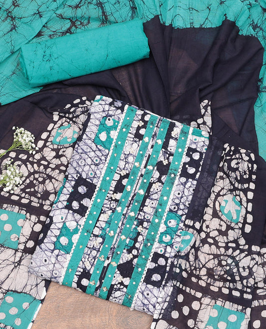 Black-Blue Cotton Material Churidar Set, Adorned with Batik-Printed Top, Contrast Batik Bottom, and a Batik-Printed Dupatta