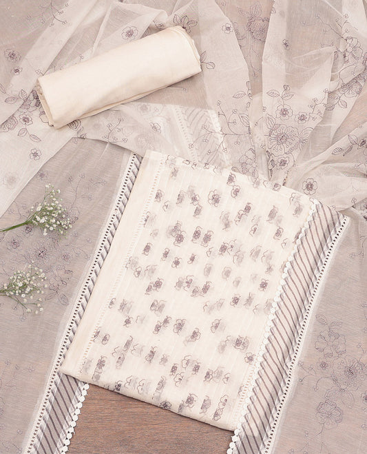 White Cotton Material Churidar Set Featuring Floral Print Top, Matching Bottom, and Floral Dupatta