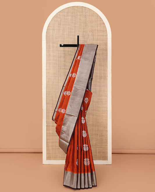 Orange floral zari buttas Venkatagiri silk saree, contrast big bavanji border, and pallu of jaal design