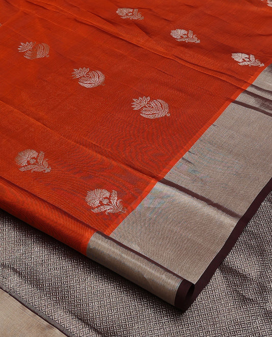 Orange floral zari buttas Venkatagiri silk saree, contrast big bavanji border, and pallu of jaal design