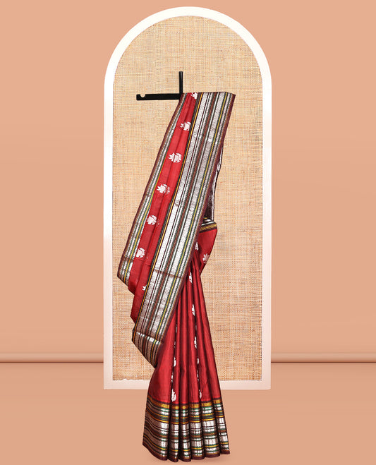 Red Zari Buttas Venkatagiri Silk Saree, a Contrast Traditional Border, Intricate Pallu, Contrast Blouse