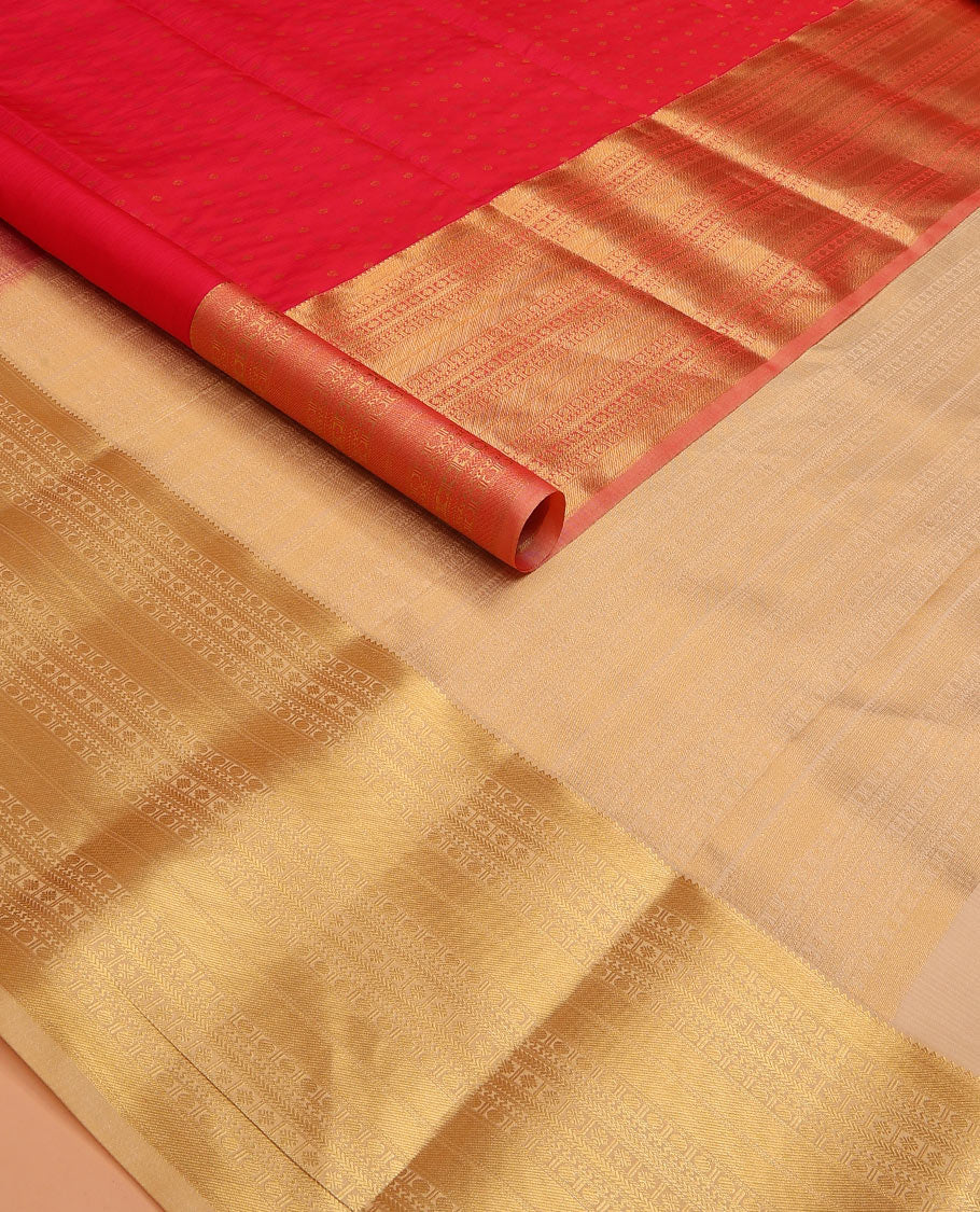 Red Vasundhara Lite Silk Mix Saree Accentuated with Zari Buttas, Featuring a Zari Border with Rekku, Paisa, Cross Kamalam, and Kathir Designs, a Delicately Zari-Woven Pallu, Paired with a Contrast Blouse