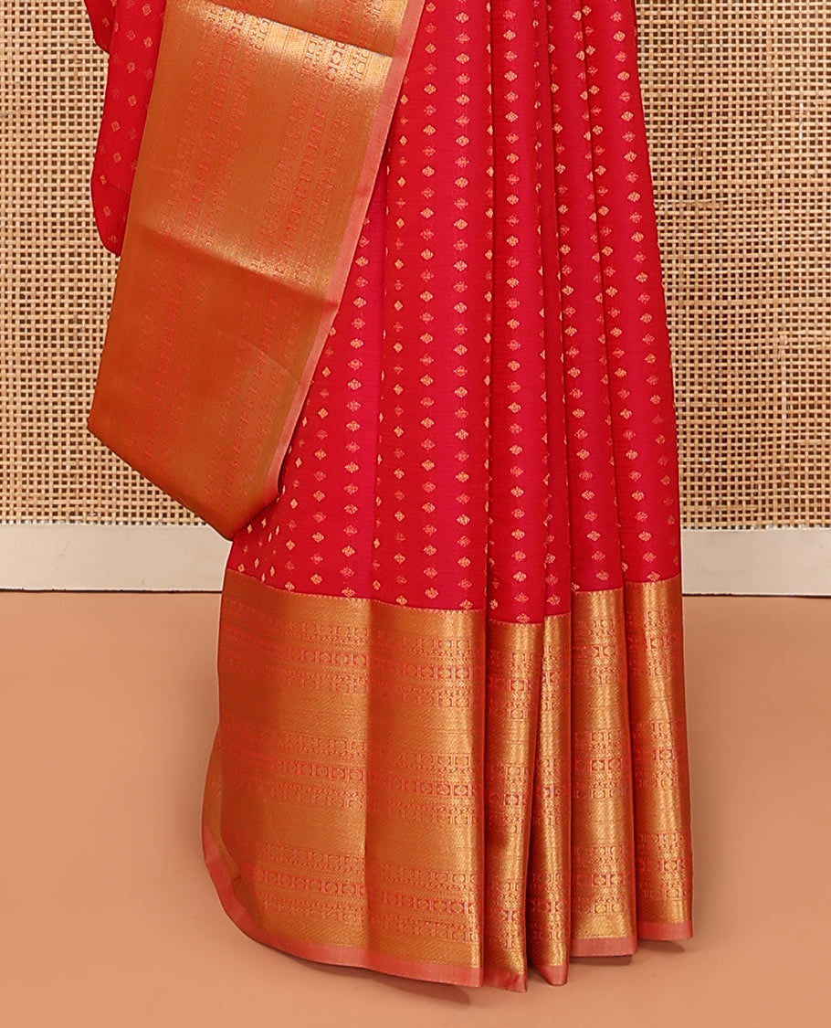 Red Vasundhara Lite Silk Mix Saree Accentuated with Zari Buttas, Featuring a Zari Border with Rekku, Paisa, Cross Kamalam, and Kathir Designs, a Delicately Zari-Woven Pallu, Paired with a Contrast Blouse