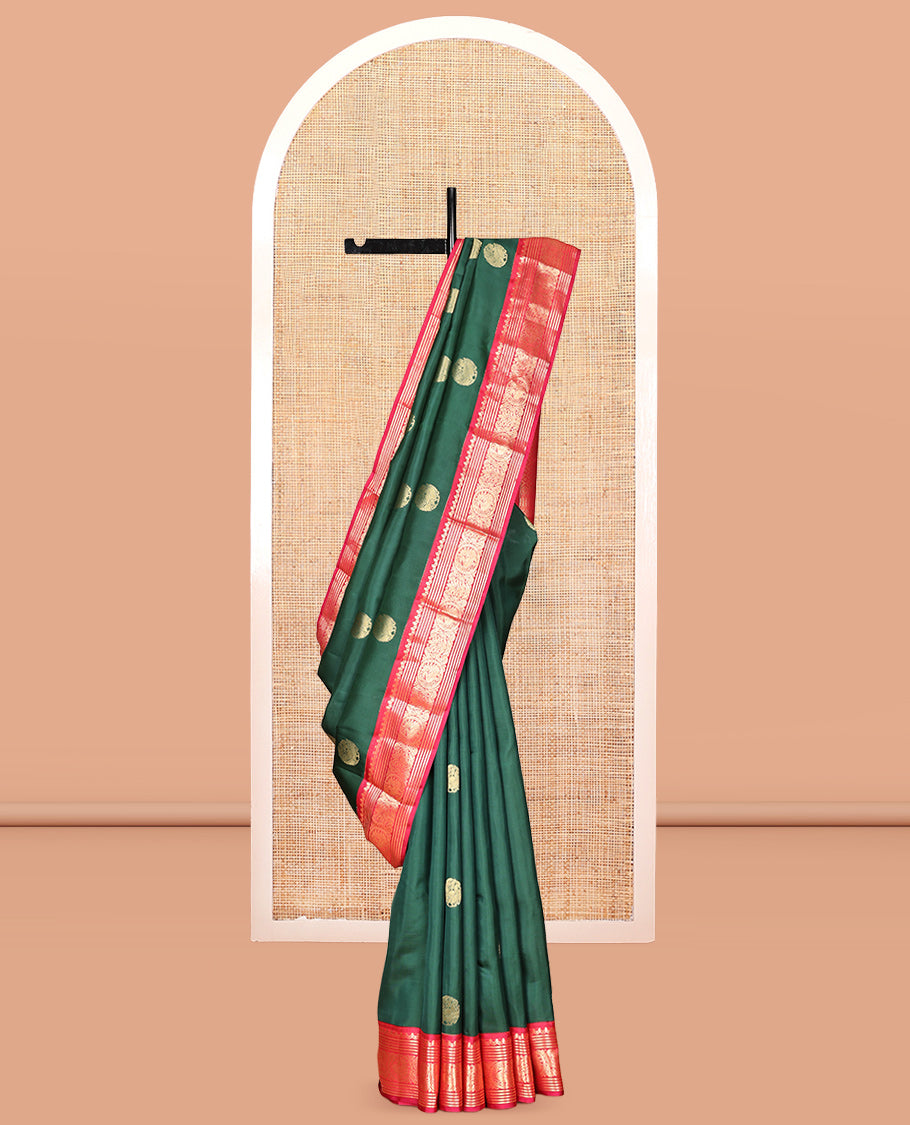 Green Vasundhara Lite Silk Mix Saree, Adorned with Mayil Buttas, a Contrast Border of Thilakam Mokku, Banaras, Kathir, and Mayil Designs, Jaal Pallu, and a Contrast Blouse