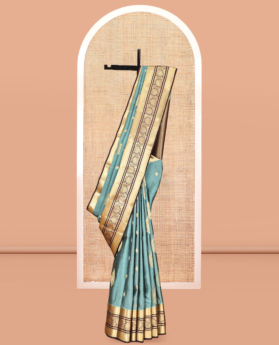 Blue Vasundhara Lite Silk Mix Saree, Woven with Zari Buttas, a Contrast Border of Kodi Visiri Designs, Grand Vanki Pallu, and a Contrast Blouse