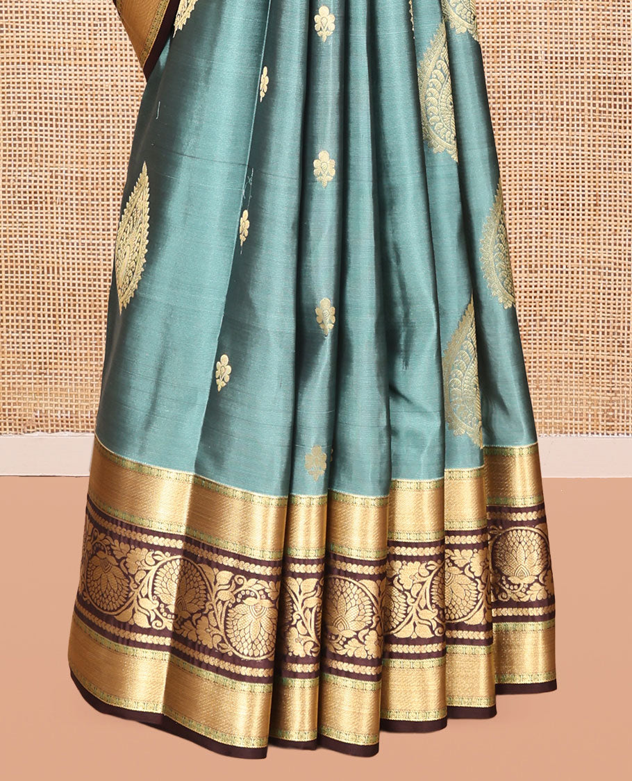 Blue Vasundhara Lite Silk Mix Saree, Woven with Zari Buttas, a Contrast Border of Kodi Visiri Designs, Grand Vanki Pallu, and a Contrast Blouse