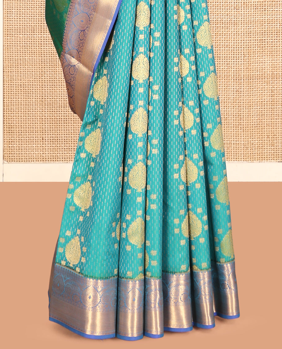 Green Vasundhara Lite Silk Mix Saree, Adorned with Zari Designs, a Contrast Traditional Zari Border, Intricate Pallu, and a Contrast Blouse