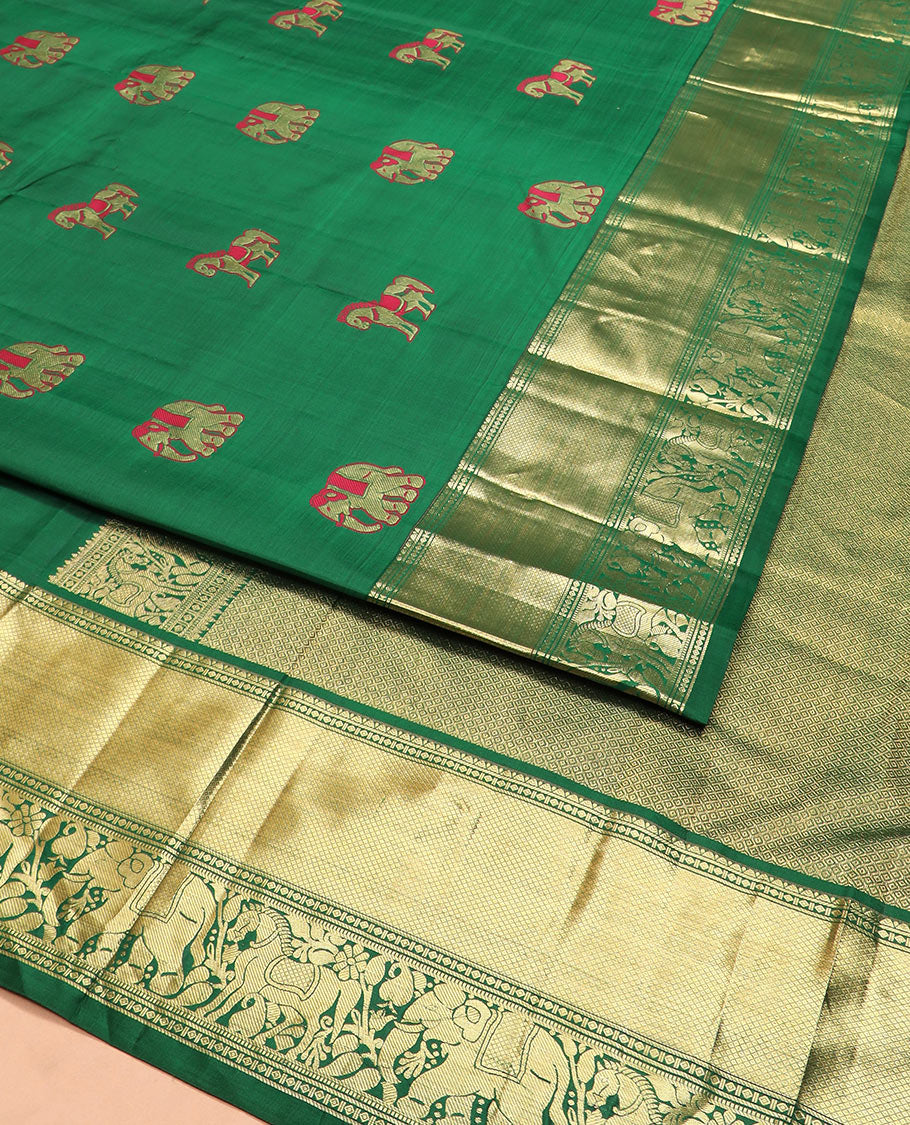 Green yaanai and kuthirai thread buttas silk saree, zari border of rekku, diamond, mayil kann, kuthirai, and yaanai designs, and jaal pallu