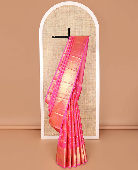 Pink checked, paisley buttas silk saree with self border of rekku, manga, poo chakram design & zari design pallu