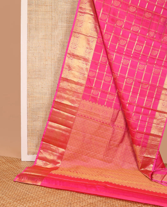 Pink checked, paisley buttas silk saree with self border of rekku, manga, poo chakram design & zari design pallu