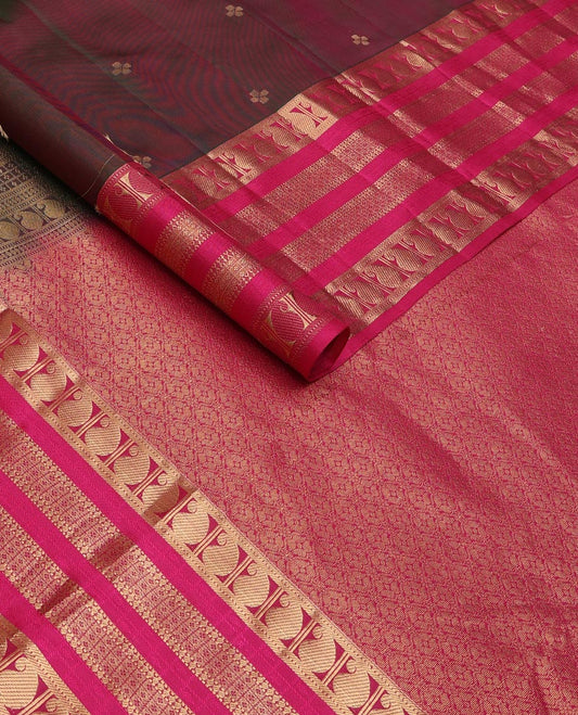 Maroon zari buttas silk saree, contrast ganga jamuna border of muthu,manga,paisa & diamond designs & jaal pallu