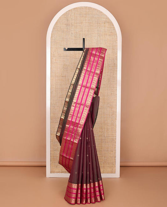 Maroon zari buttas silk saree, contrast ganga jamuna border of muthu,manga,paisa & diamond designs & jaal pallu