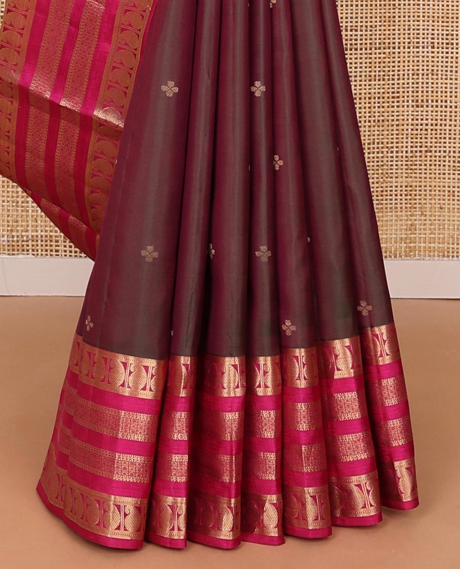 Maroon zari buttas silk saree, contrast ganga jamuna border of muthu,manga,paisa & diamond designs & jaal pallu