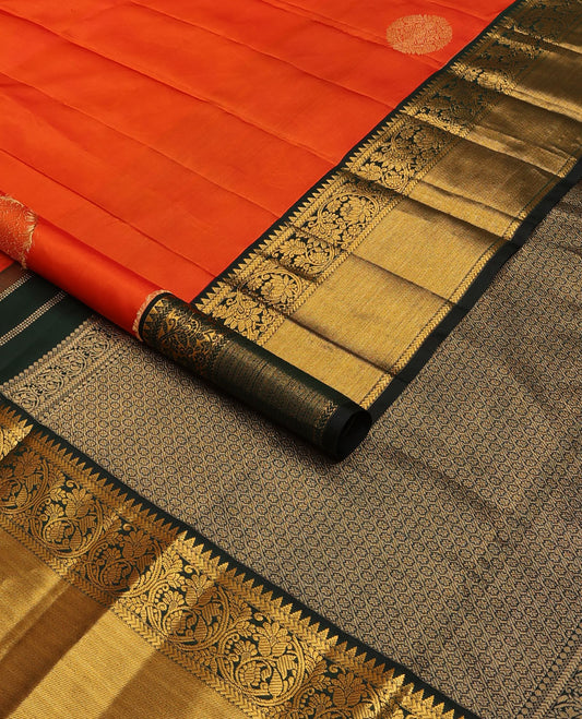 Orange zari buttas silk saree, contrast intricate pallu & getti border of rekku,kathir & kodi visiry designs